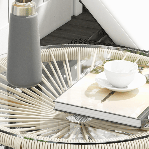 Outsunny Mesa Auxiliar de Vime Sintético Mesa de Centro Redonda para Exteriores com Bancada de Vidro Temperado e Pés de Metal para Pátio Jardim Varanda Ø50x50 cm Creme e Preto