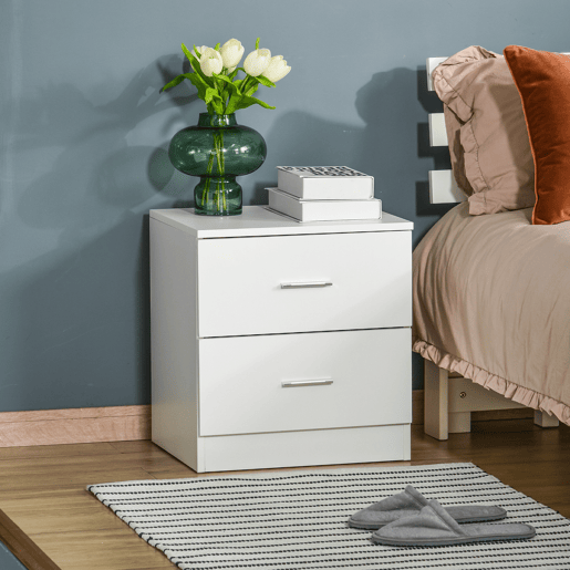 HOMCOM Mesa de Cabeceira Moderna, Mesa de Cabeceira para Quarto com 2 Gavetas, Mesa Auxiliar para Sala, Quarto, Vestiário, 45x39,5x49 cm, Branco