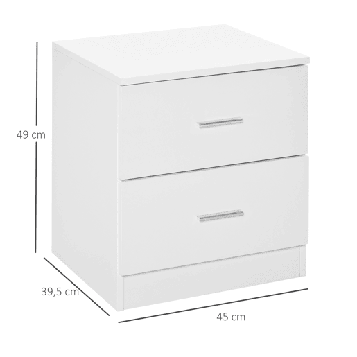 HOMCOM Mesa de Cabeceira Moderna, Mesa de Cabeceira para Quarto com 2 Gavetas, Mesa Auxiliar para Sala, Quarto, Vestiário, 45x39,5x49 cm, Branco