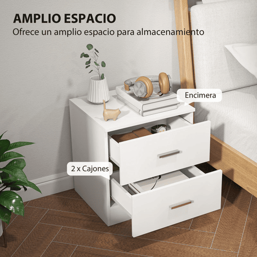 HOMCOM Mesa de Cabeceira Moderna, Mesa de Cabeceira para Quarto com 2 Gavetas, Mesa Auxiliar para Sala, Quarto, Vestiário, 45x39,5x49 cm, Branco