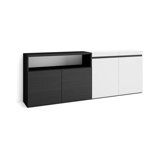 Aparador para salón, gran capacidad de almacenaje, 200x35x75cm, 4 puertas, armario, zapatero, estilo moderno, blanco y negro