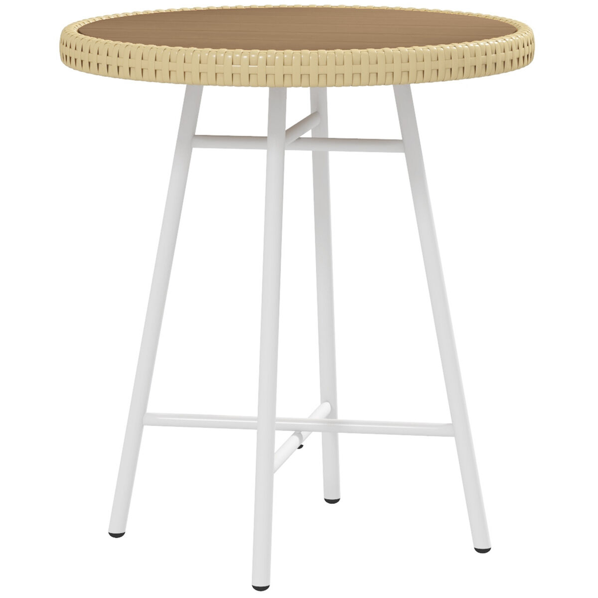 Outsunny mesa auxiliar de ratán sintético mesa de centro redonda con tablero de madera plástica y marco de acero galvanizado carga 30 kg para terraza balcón jardín 50x50x55 cm natural