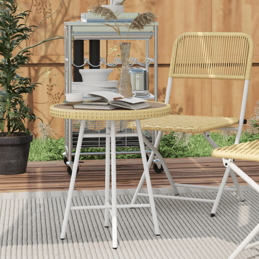Outsunny Mesa Auxiliar de Vime Sintético Mesa de Centro Redonda com Bancada de Madeira Plástica e Estrutura de Aço Galvanizado Carga Máxima 30 kg para Varanda Jardim 50x50x55 cm Madeira e Bege