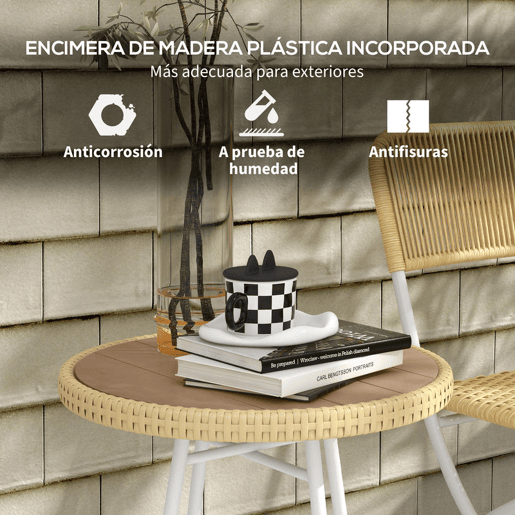 Outsunny Mesa Auxiliar de Vime Sintético Mesa de Centro Redonda com Bancada de Madeira Plástica e Estrutura de Aço Galvanizado Carga Máxima 30 kg para Varanda Jardim 50x50x55 cm Madeira e Bege