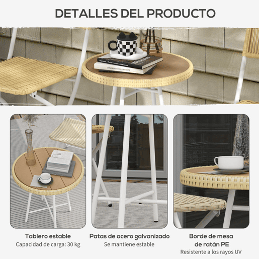 Outsunny Mesa Auxiliar de Vime Sintético Mesa de Centro Redonda com Bancada de Madeira Plástica e Estrutura de Aço Galvanizado Carga Máxima 30 kg para Varanda Jardim 50x50x55 cm Madeira e Bege