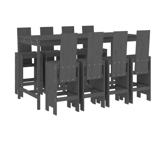 Mesa y taburetes altos jardin 9 piezas madera maciza de pino gris
