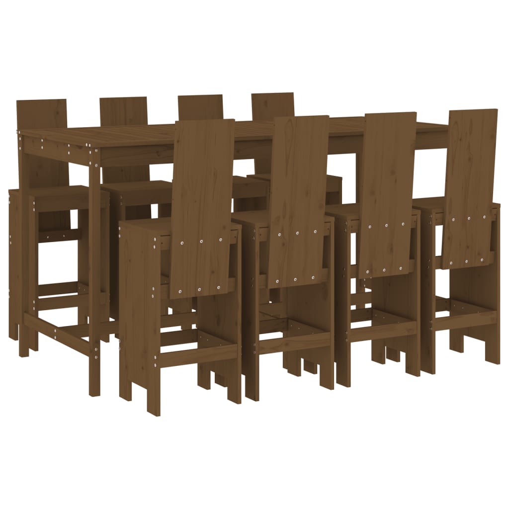Mesa y taburetes altos de jardin 9 piezas madera pino marrón miel