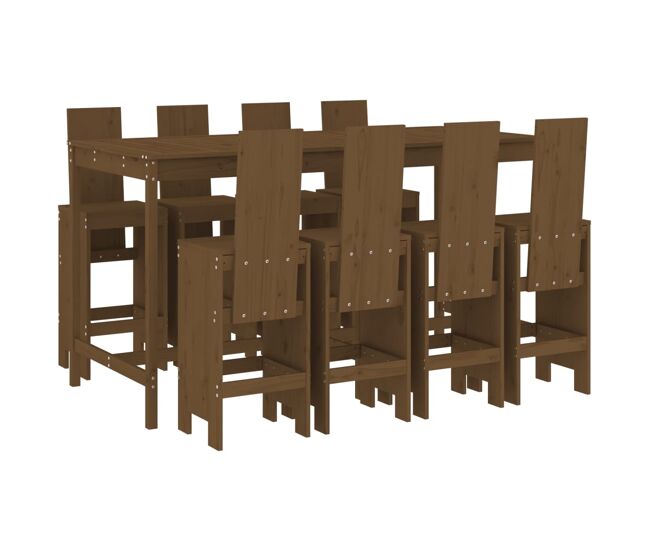 Mesa y taburetes altos de jardin 9 piezas madera pino marrón miel