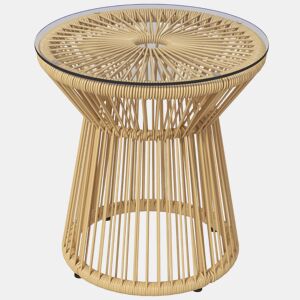 Outsunny Mesa Auxiliar de Vime Sintético Mesa de Centro Redonda com Bancada de Vidro Temperado e Estrutura de Metal Carga Máxima 30 kg para Pátio Jardim Varanda Ø40x42 cm Bege