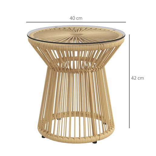 Outsunny Mesa Auxiliar de Vime Sintético Mesa de Centro Redonda com Bancada de Vidro Temperado e Estrutura de Metal Carga Máxima 30 kg para Pátio Jardim Varanda Ø40x42 cm Bege