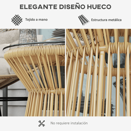 Outsunny Mesa Auxiliar de Vime Sintético Mesa de Centro Redonda com Bancada de Vidro Temperado e Estrutura de Metal Carga Máxima 30 kg para Pátio Jardim Varanda Ø40x42 cm Bege