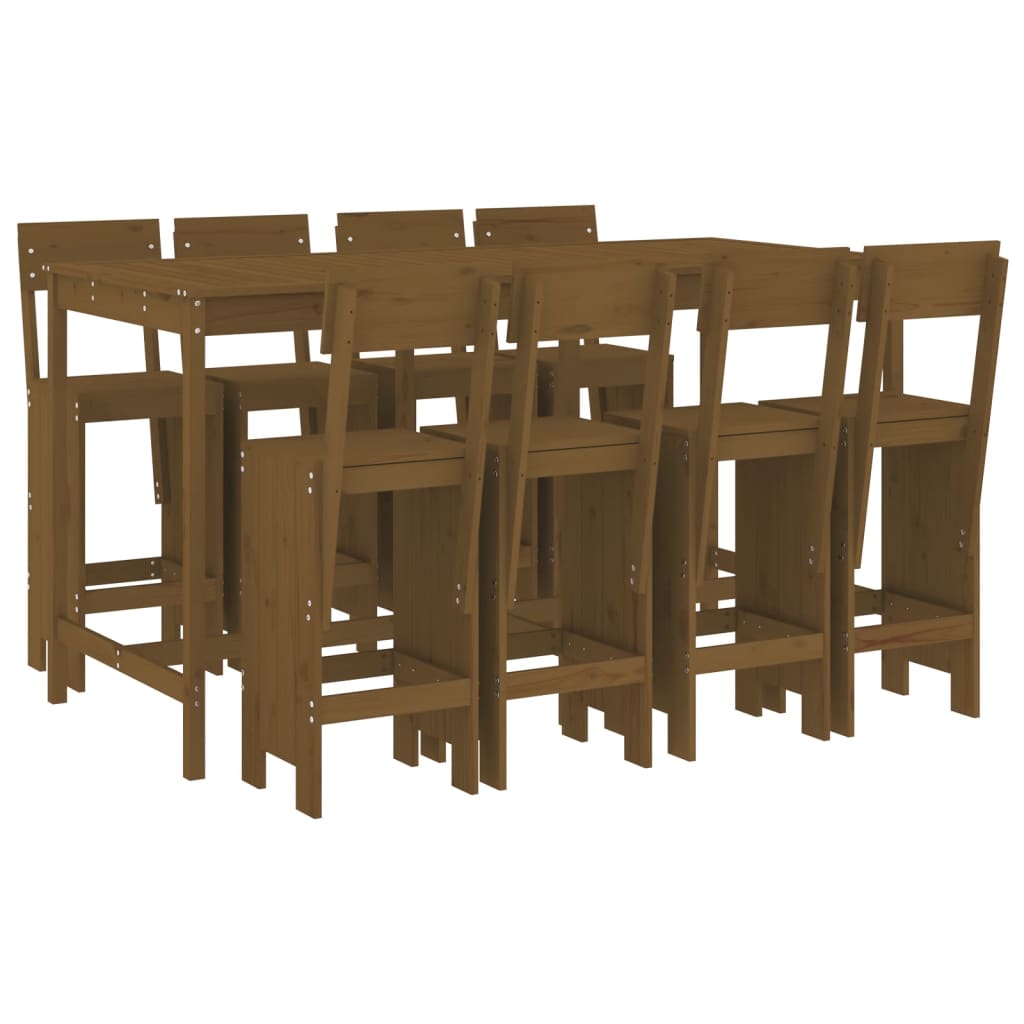 Mesa y taburetes altos de jardin 9 piezas madera pino marrón miel
