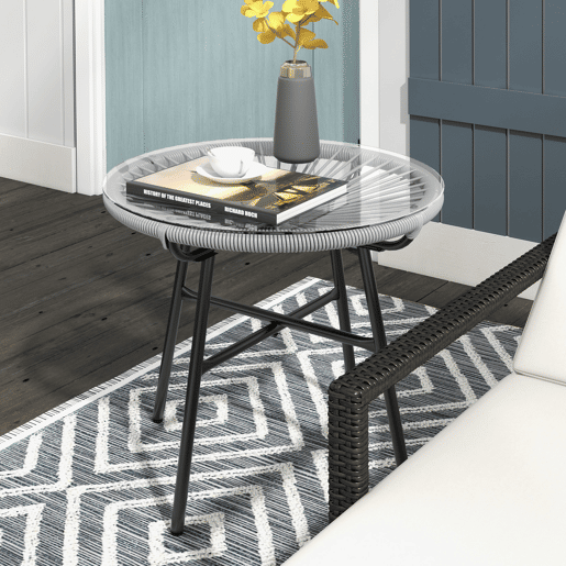 Outsunny Mesa Auxiliar de Vime Sintético Mesa de Centro Redonda para Exteriores com Bancada de Vidro Temperado e Pés de Metal para Pátio Jardim Varanda Ø50x50 cm Cinza Claro e Preto