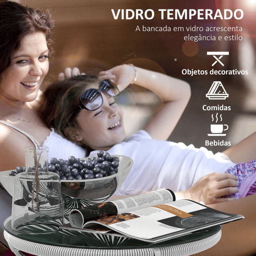 Outsunny Mesa Auxiliar de Vime Sintético Mesa de Centro Redonda para Exteriores com Bancada de Vidro Temperado e Pés de Metal para Pátio Jardim Varanda Ø50x50 cm Cinza Claro e Preto