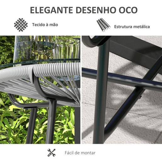 Outsunny Mesa Auxiliar de Vime Sintético Mesa de Centro Redonda para Exteriores com Bancada de Vidro Temperado e Pés de Metal para Pátio Jardim Varanda Ø50x50 cm Cinza Claro e Preto