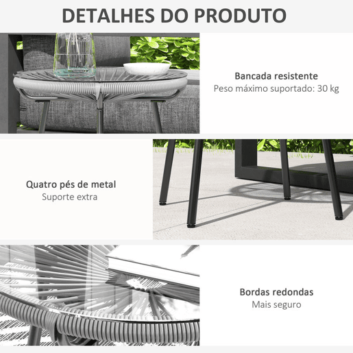 Outsunny Mesa Auxiliar de Vime Sintético Mesa de Centro Redonda para Exteriores com Bancada de Vidro Temperado e Pés de Metal para Pátio Jardim Varanda Ø50x50 cm Cinza Claro e Preto