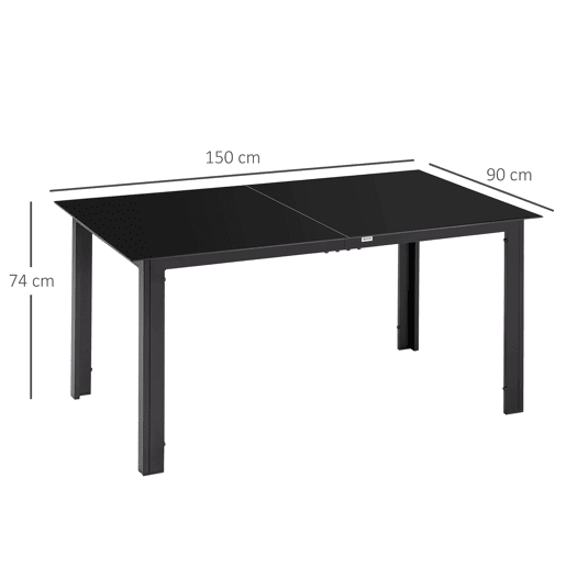 Outsunny Mesa de Jardim Retangular para 6 Pessoas Mesa de Jantar Exterior com Estrutura de Alumínio e Bancada de Vidro Temperado Carga 50 kg para Terraço Varanda 150x90x74 cm Preto