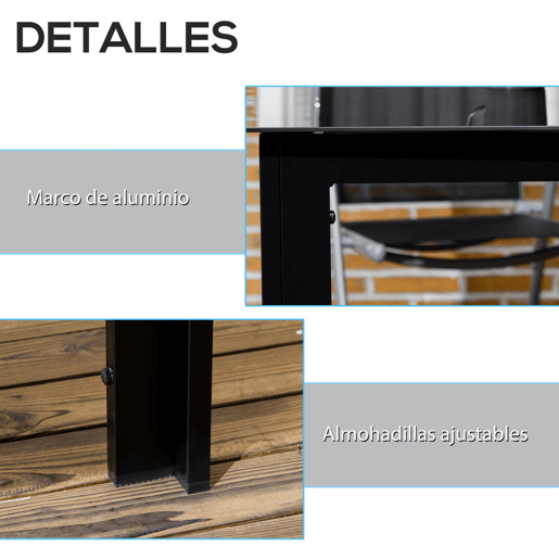 Outsunny Mesa de Jardim Retangular para 6 Pessoas Mesa de Jantar Exterior com Estrutura de Alumínio e Bancada de Vidro Temperado Carga 50 kg para Terraço Varanda 150x90x74 cm Preto