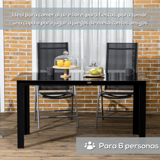Outsunny Mesa de Jardim Retangular para 6 Pessoas Mesa de Jantar Exterior com Estrutura de Alumínio e Bancada de Vidro Temperado Carga 50 kg para Terraço Varanda 150x90x74 cm Preto
