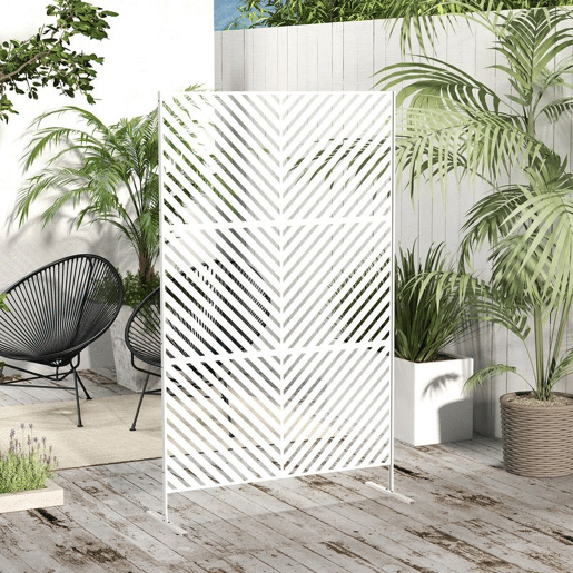 Outsunny Biombo de Exterior Separador de Ambientes com 3 Peças com Padrão de Linhas Transversais e Estrutura de Aço Ecrã de Privacidade para Pátio Varanda Jardim 122x45x198 cm Branco