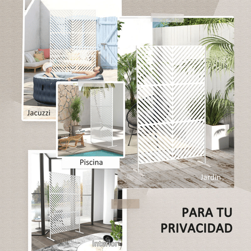 Outsunny Biombo de Exterior Separador de Ambientes com 3 Peças com Padrão de Linhas Transversais e Estrutura de Aço Ecrã de Privacidade para Pátio Varanda Jardim 122x45x198 cm Branco