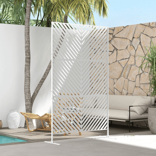 Outsunny Biombo de Exterior Separador de Ambientes com 3 Peças com Padrão de Linhas Transversais e Estrutura de Aço Ecrã de Privacidade para Pátio Varanda Jardim 122x45x198 cm Branco
