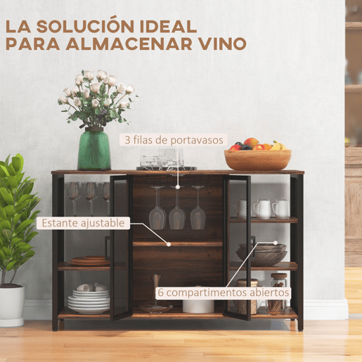 HOMCOM Aparador de Cozinha Industrial Móvel de Armazenamento de Garrafas com 6 Prateleiras Abertas Suporte para Copos e Prateleira Ajustável para Bar Sala Cozinha 120x40x76 cm Castanho Rústico