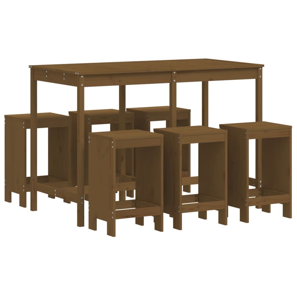 Mesa y taburetes altos de jardin 7 piezas madera pino marrón miel