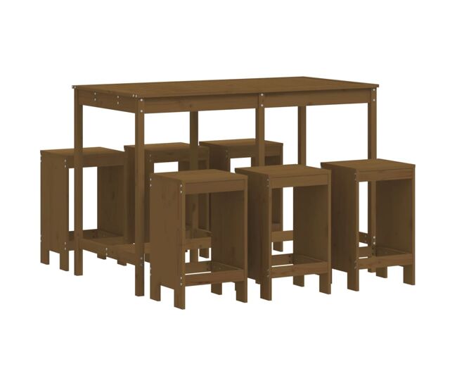 Mesa y taburetes altos de jardin 7 piezas madera pino marrón miel