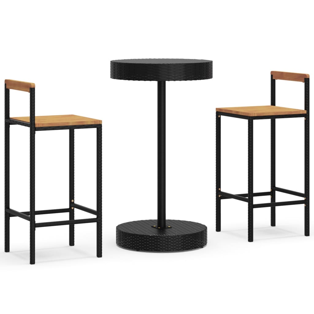 Mesa bar y taburetes jardin 3 piezas madera acacia ratán pe negro