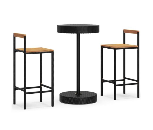 Mesa bar y taburetes jardin 3 piezas madera acacia ratán pe negro