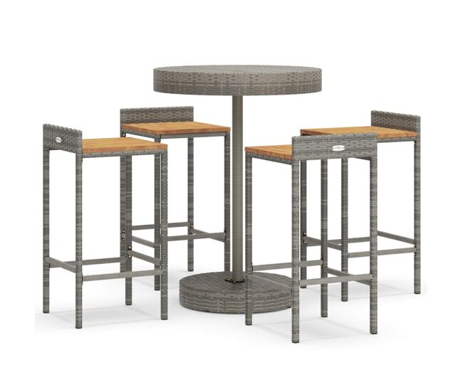 Mesa bar y taburetes jardin 5 piezas madera acacia ratán pe gris