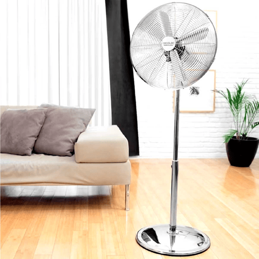 Cecotec Ventoinha de pé com 50 W e acabamento cromado, 16 polegadas, 3 velocidades, oscilação, silencioso, altura ajustável, 4 pás e máxima segurança.
