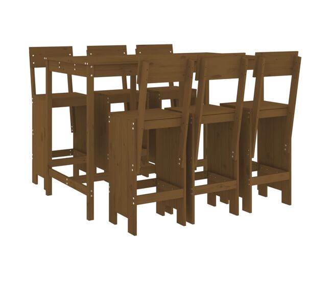 Mesa y taburetes altos de jardin 7 piezas madera pino marrón miel