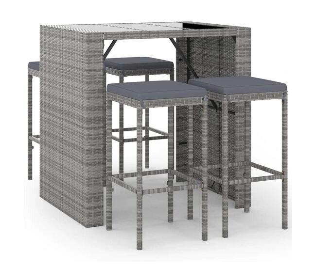 Mesa y taburetes altos jardin 5 piezas y cojines ratán pe gris