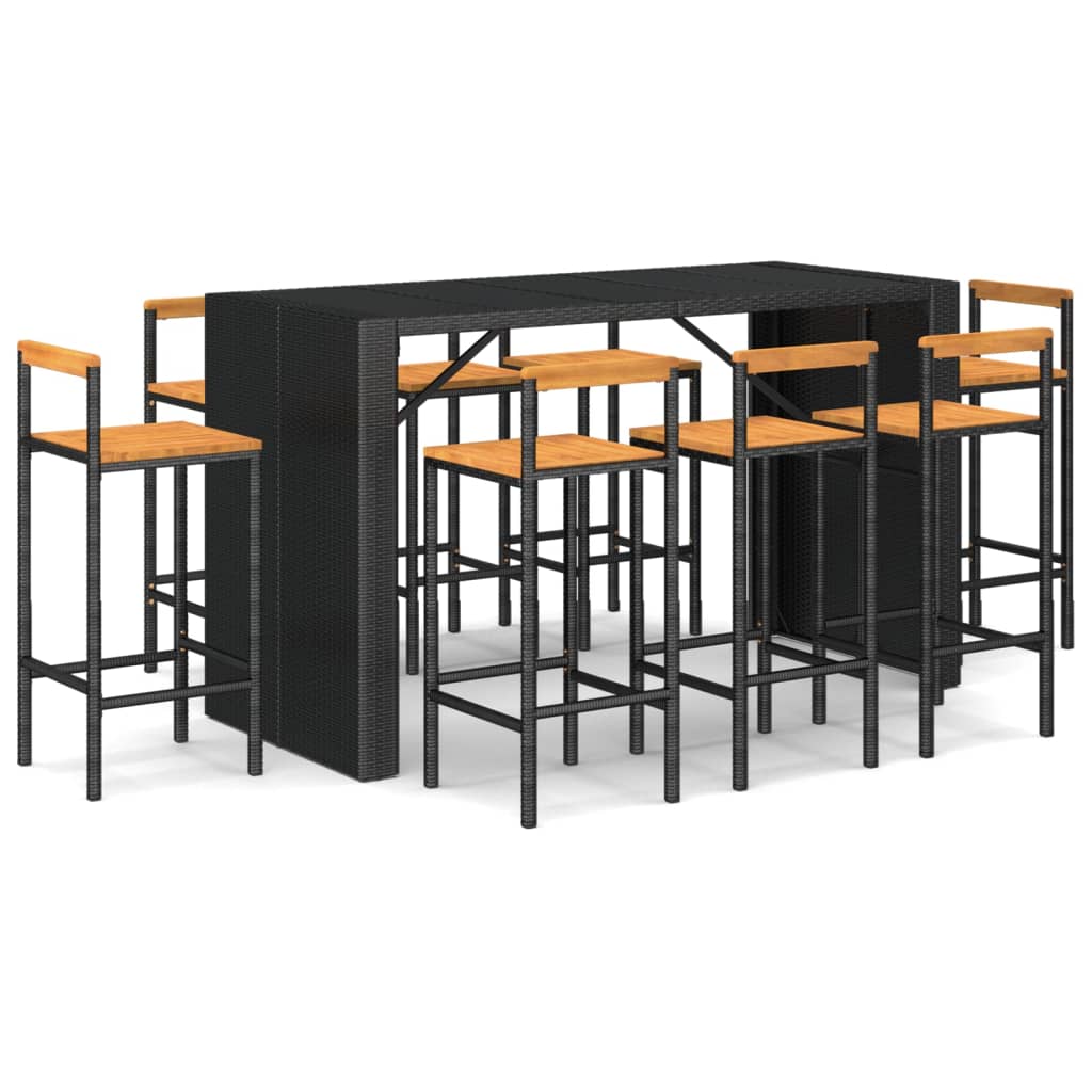 Mesa bar y taburetes jardin 9 piezas madera acacia ratán pe negro