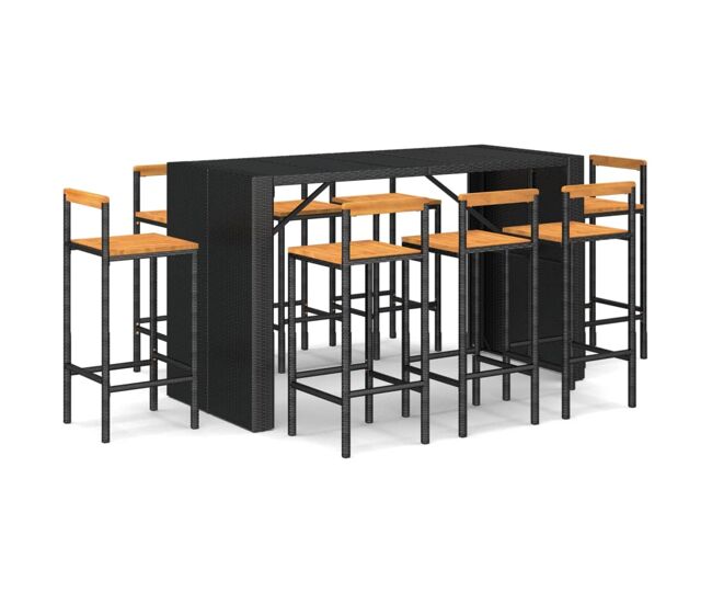 Mesa bar y taburetes jardin 9 piezas madera acacia ratán pe negro