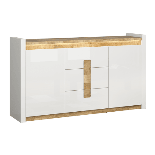 Aparador 2 portas 3 gavetas com LED Helios Branco laqué e Madeira