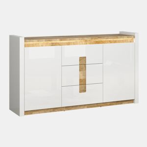 Aparador 2 portas 3 gavetas com LED Helios Branco laqué e Madeira