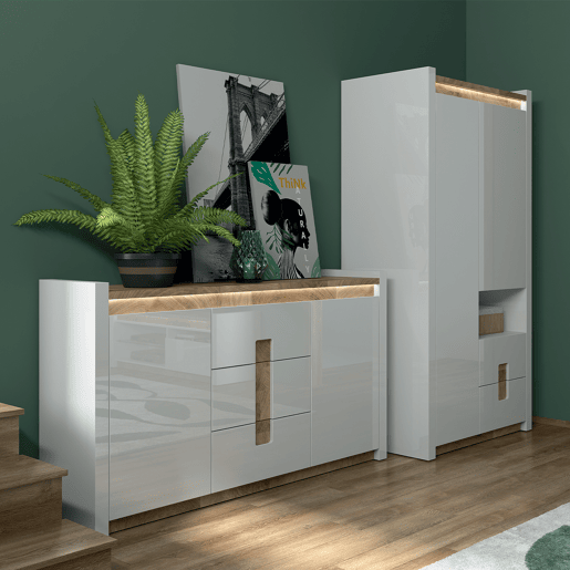 Aparador 2 portas 3 gavetas com LED Helios Branco laqué e Madeira