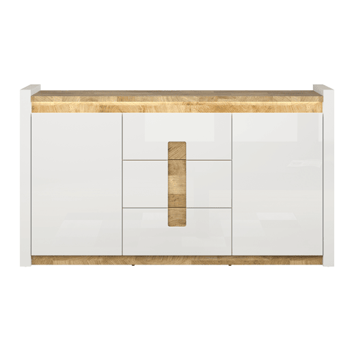 Aparador 2 portas 3 gavetas com LED Helios Branco laqué e Madeira