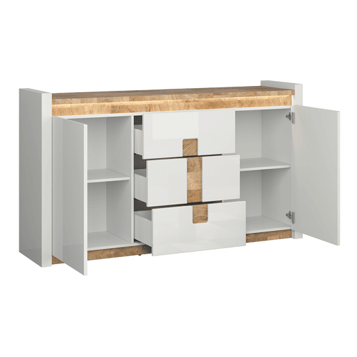 Aparador 2 portas 3 gavetas com LED Helios Branco laqué e Madeira