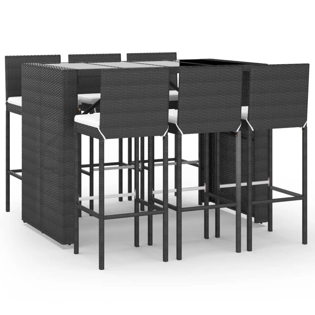 Mesa y taburetes altos jardin y cojines 7 piezas ratán pe negro