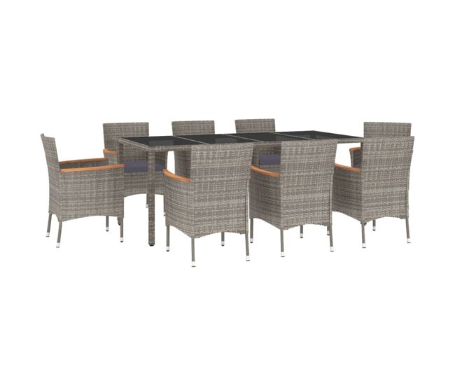 Set comedor jardin 9 piezas y cojines ratán sintético gris