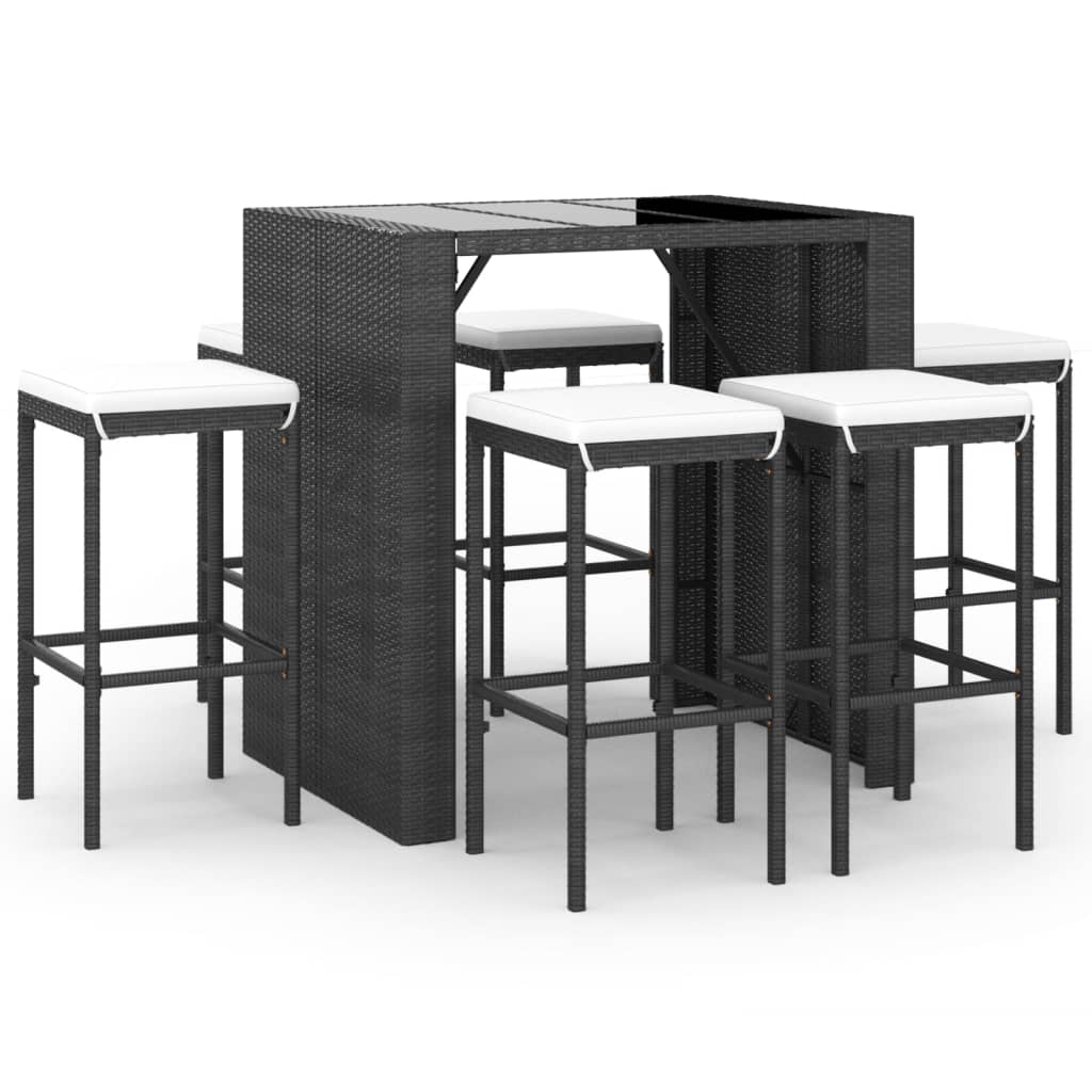 Mesa y taburetes altos jardin y cojines 7 piezas ratán pe negro
