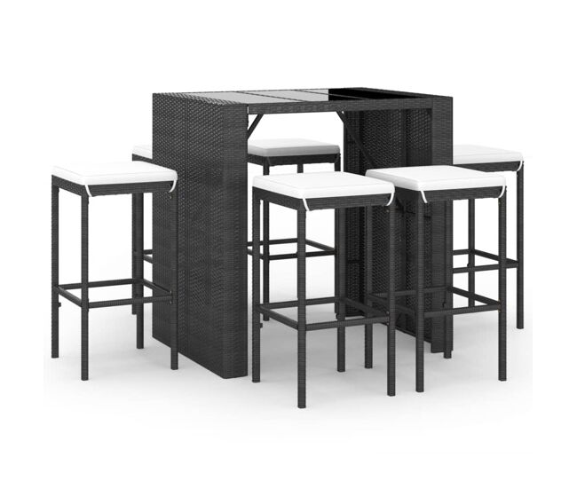 Mesa y taburetes altos jardin y cojines 7 piezas ratán pe negro