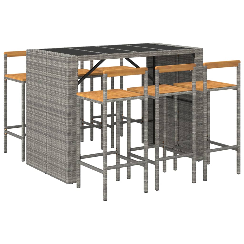 Mesa bar y taburetes jardin 7 piezas madera acacia ratán pe gris