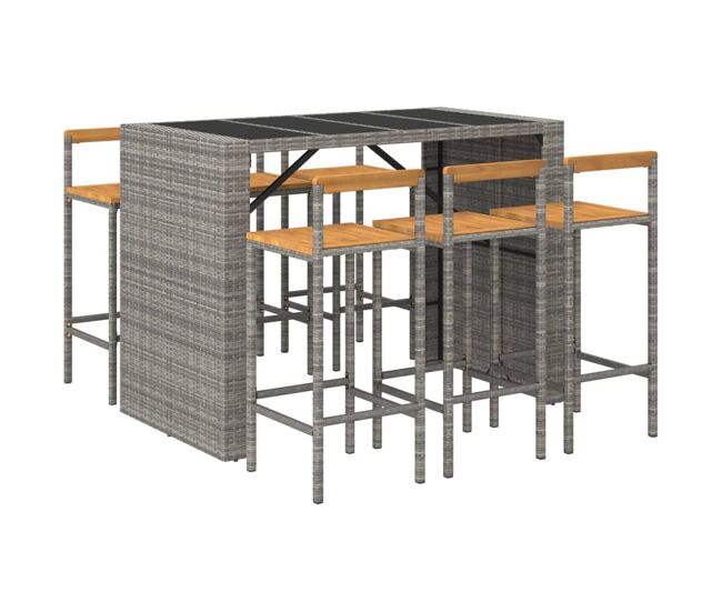 Mesa bar y taburetes jardin 7 piezas madera acacia ratán pe gris