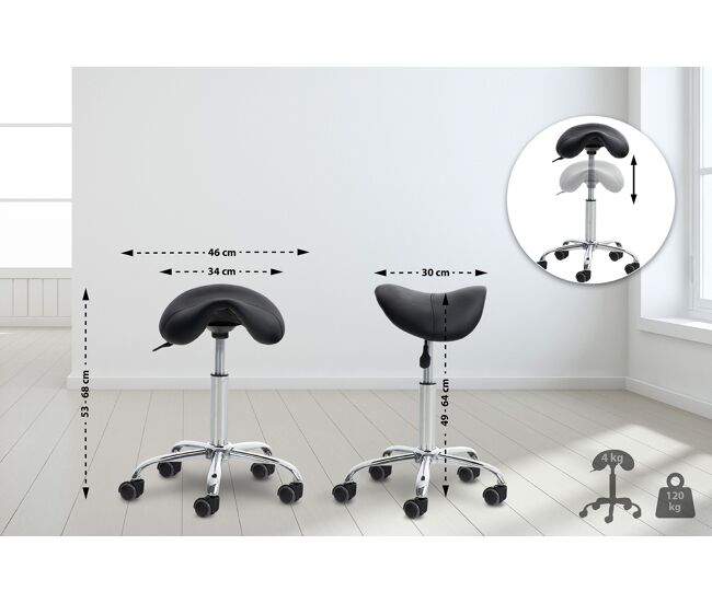 Taburete con ruedas reno simil cuero negro 46x46x53 cm