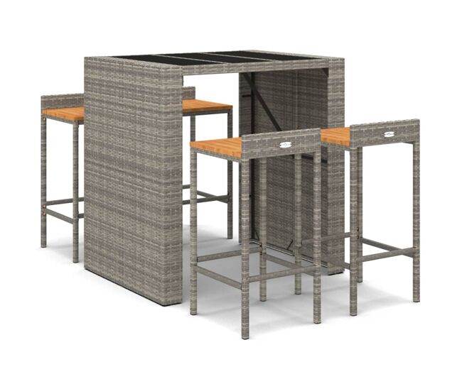 Mesa bar y taburetes jardin 5 piezas madera acacia ratán pe gris